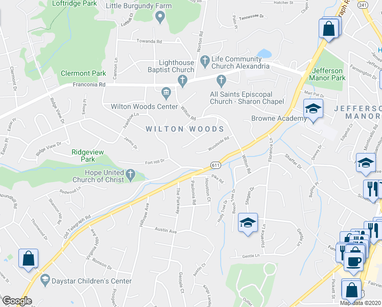 map of restaurants, bars, coffee shops, grocery stores, and more near 3517 Woodside Road in Alexandria