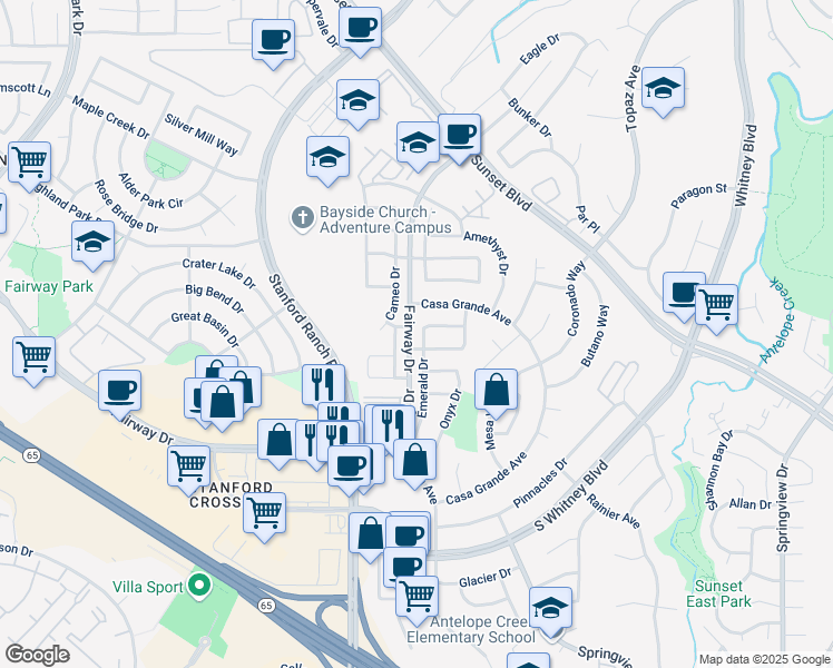 map of restaurants, bars, coffee shops, grocery stores, and more near 6318 Emerald Drive in Rocklin