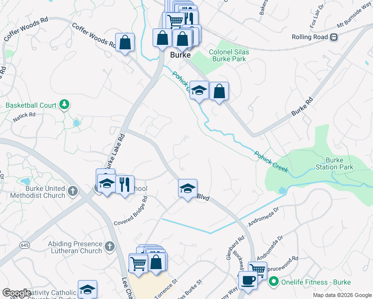 map of restaurants, bars, coffee shops, grocery stores, and more near 9416 Candleberry Court in Burke