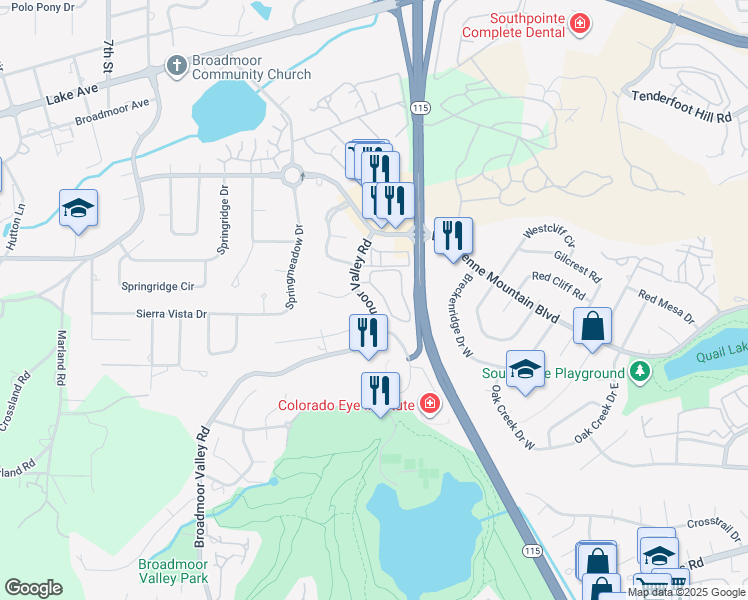 map of restaurants, bars, coffee shops, grocery stores, and more near 3123 Broadmoor Valley Road in Colorado Springs