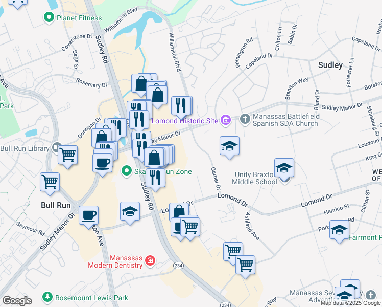 map of restaurants, bars, coffee shops, grocery stores, and more near 7770 Garner Drive in Manassas