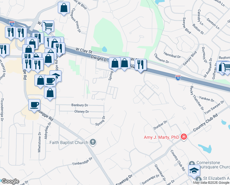 map of restaurants, bars, coffee shops, grocery stores, and more near 138 Wellspring Drive in Saint Charles