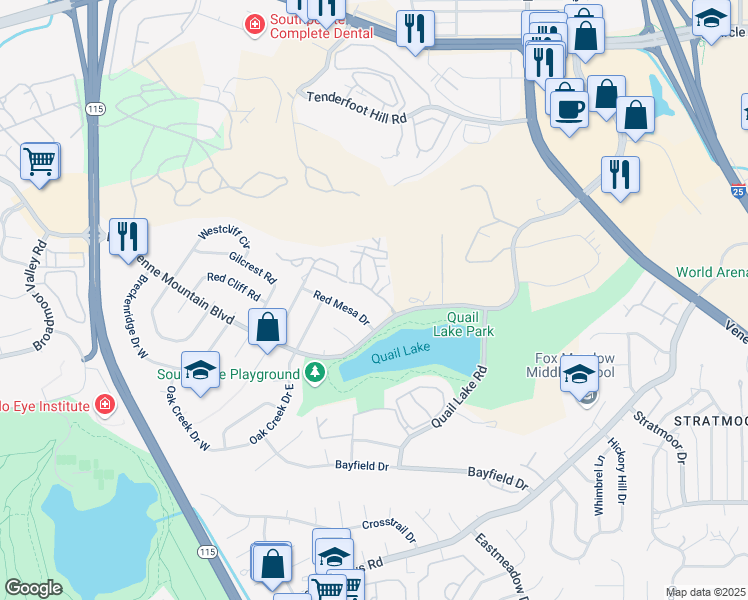 map of restaurants, bars, coffee shops, grocery stores, and more near 1021 Moorings Drive in Colorado Springs