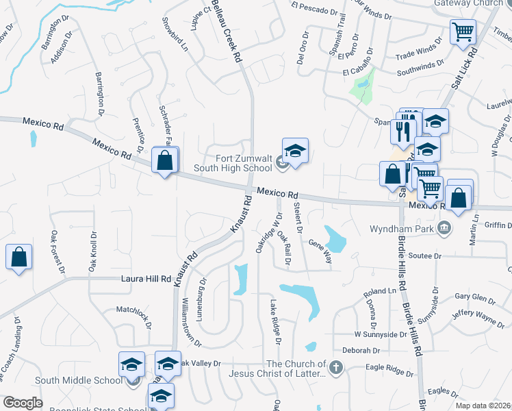 map of restaurants, bars, coffee shops, grocery stores, and more near 8075 Mexico Road in St. Peters