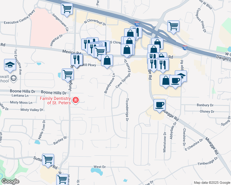 map of restaurants, bars, coffee shops, grocery stores, and more near 1315 Blue Ridge Drive in St. Peters