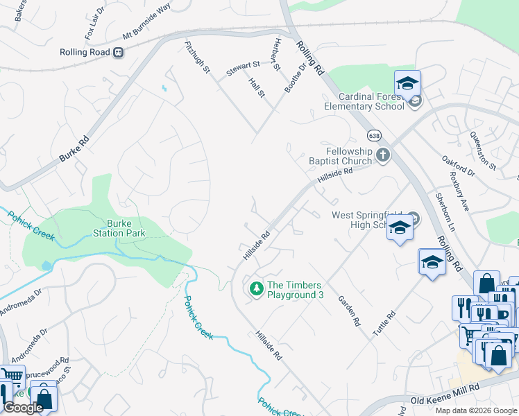 map of restaurants, bars, coffee shops, grocery stores, and more near 6041 Selwood Place in West Springfield