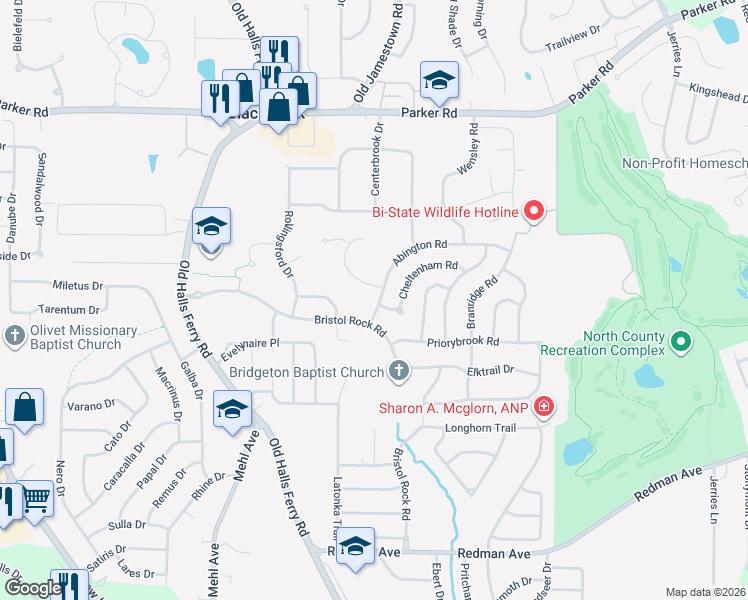 map of restaurants, bars, coffee shops, grocery stores, and more near 5147 Abington Road in Florissant