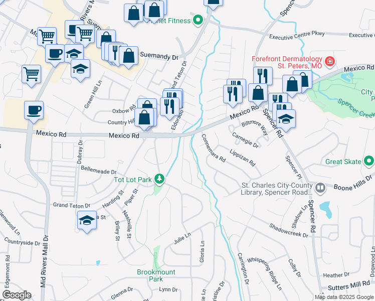 map of restaurants, bars, coffee shops, grocery stores, and more near 4 Connemara Court in St. Peters