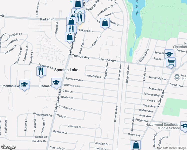 map of restaurants, bars, coffee shops, grocery stores, and more near 1445 Widefields Lane in St. Louis