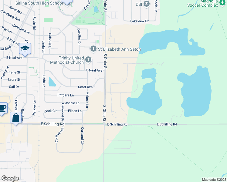 map of restaurants, bars, coffee shops, grocery stores, and more near 2749 South Ohio Street in Salina