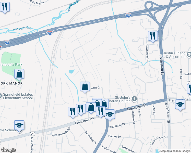 map of restaurants, bars, coffee shops, grocery stores, and more near 6157 Mc Lendon Court in Alexandria