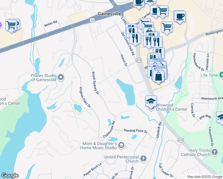 map of restaurants, bars, coffee shops, grocery stores, and more near 7808 Ontario Road in Gainesville