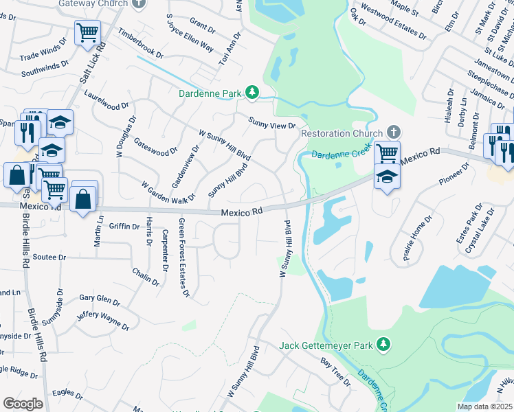 map of restaurants, bars, coffee shops, grocery stores, and more near 16 West Sunny Wood Court in St. Peters
