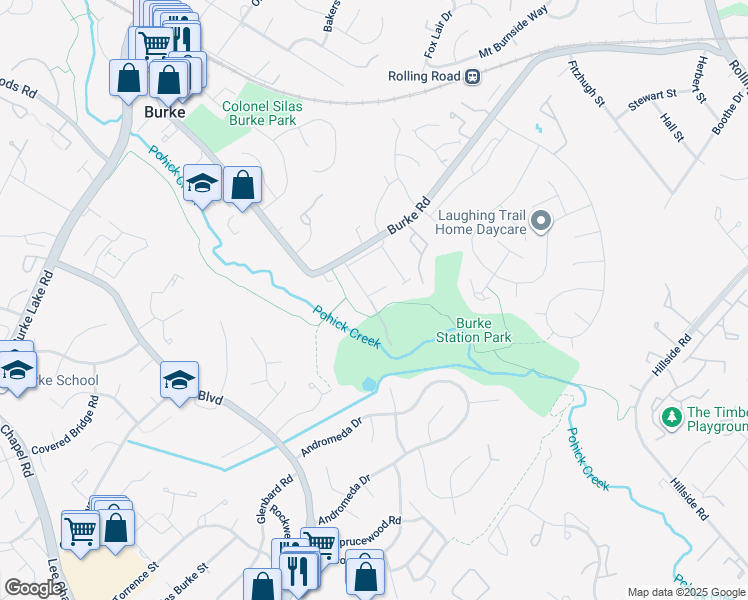 map of restaurants, bars, coffee shops, grocery stores, and more near 9239 Sand Creek Court in Burke