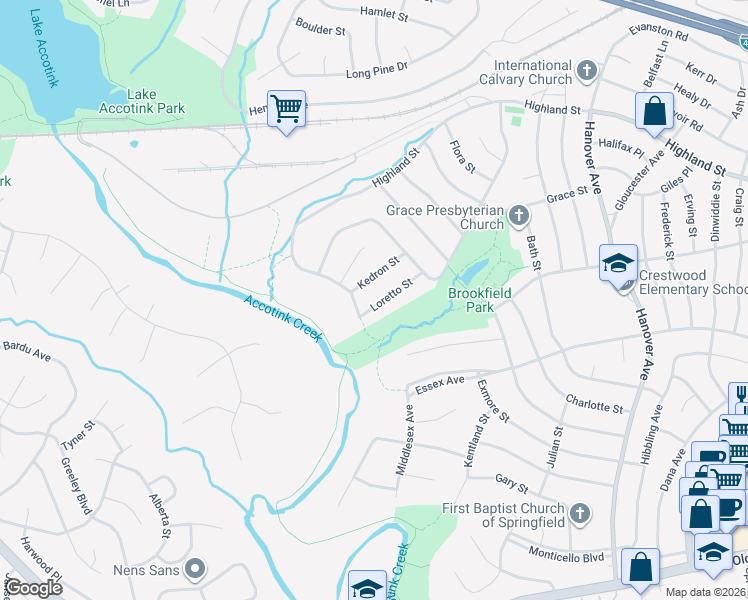 map of restaurants, bars, coffee shops, grocery stores, and more near 6014 Loretto Street in Springfield