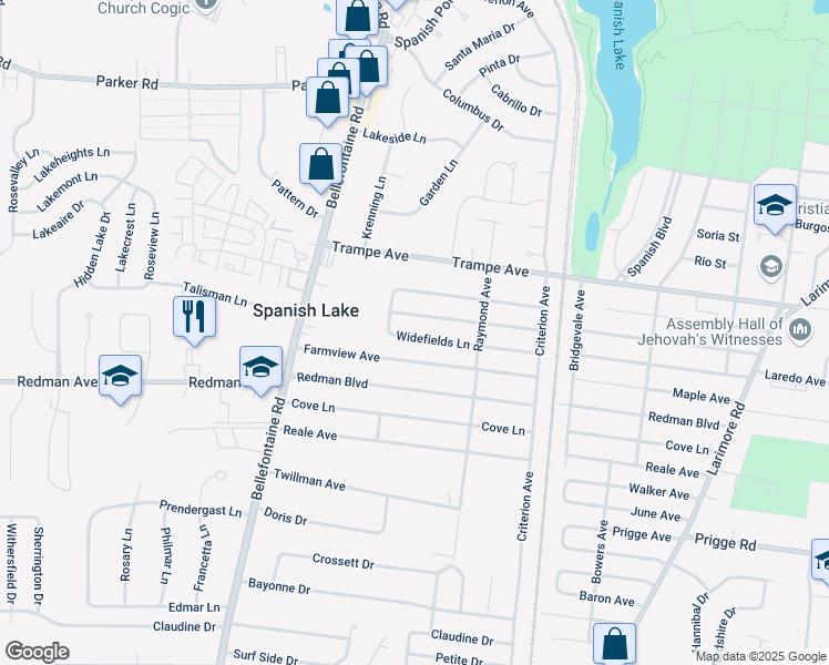 map of restaurants, bars, coffee shops, grocery stores, and more near 1457 Widefields Lane in St. Louis