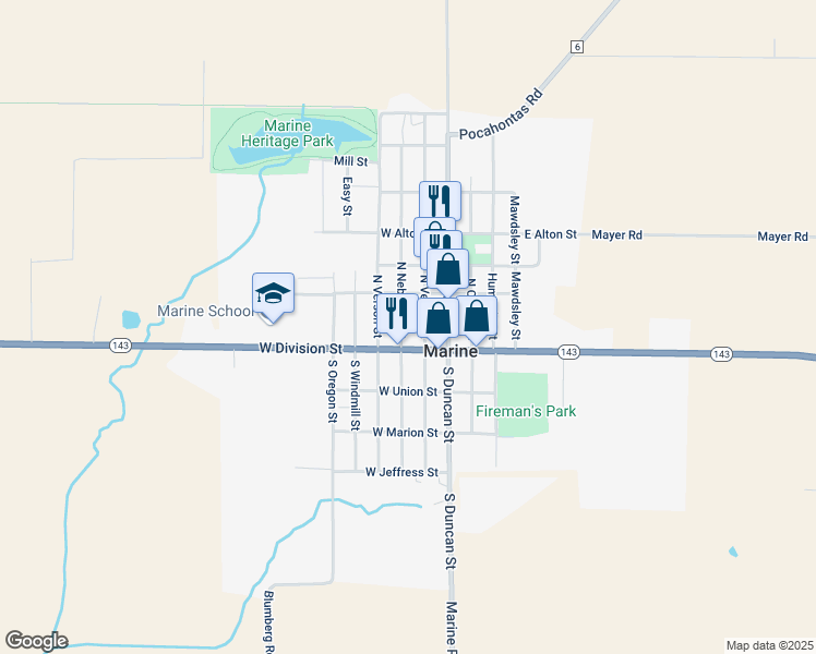 map of restaurants, bars, coffee shops, grocery stores, and more near 121 North Nebraska Street in Marine