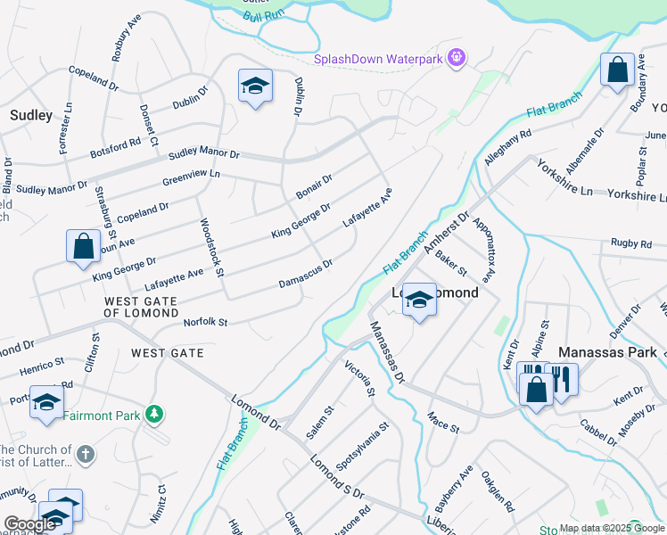 map of restaurants, bars, coffee shops, grocery stores, and more near 9521 Damascus Drive in Manassas