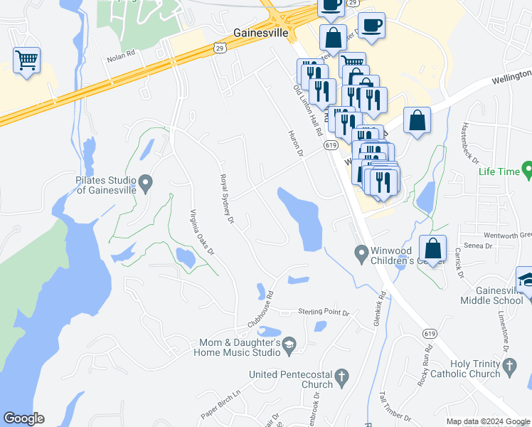 map of restaurants, bars, coffee shops, grocery stores, and more near 7808 Ontario Road in Gainesville