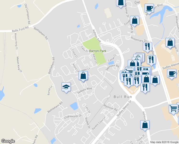 map of restaurants, bars, coffee shops, grocery stores, and more near 10856 Campaign Court in Manassas