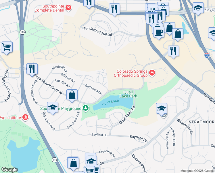 map of restaurants, bars, coffee shops, grocery stores, and more near 1041 Moorings Drive in Colorado Springs