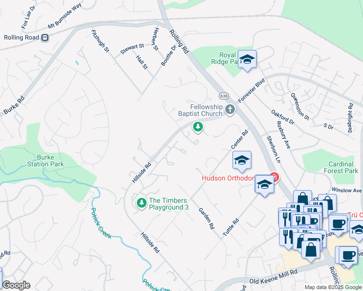 map of restaurants, bars, coffee shops, grocery stores, and more near 6057 Hollow Hill Lane in West Springfield