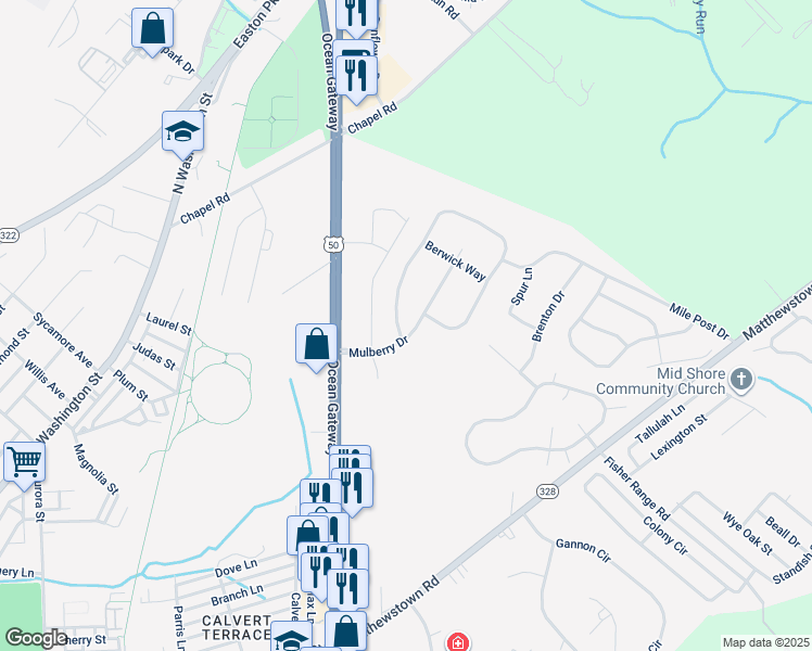 map of restaurants, bars, coffee shops, grocery stores, and more near 8668 Mulberry Drive in Easton