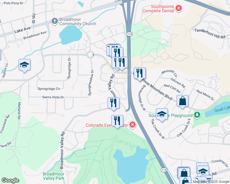 map of restaurants, bars, coffee shops, grocery stores, and more near 3123 Broadmoor Valley Road in Colorado Springs