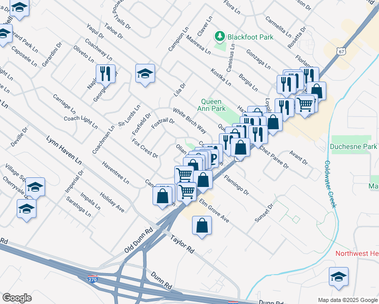 map of restaurants, bars, coffee shops, grocery stores, and more near 448 Olian Drive in Hazelwood