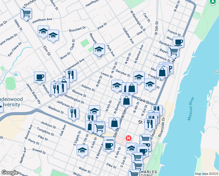 map of restaurants, bars, coffee shops, grocery stores, and more near 615 Clark Street in Saint Charles