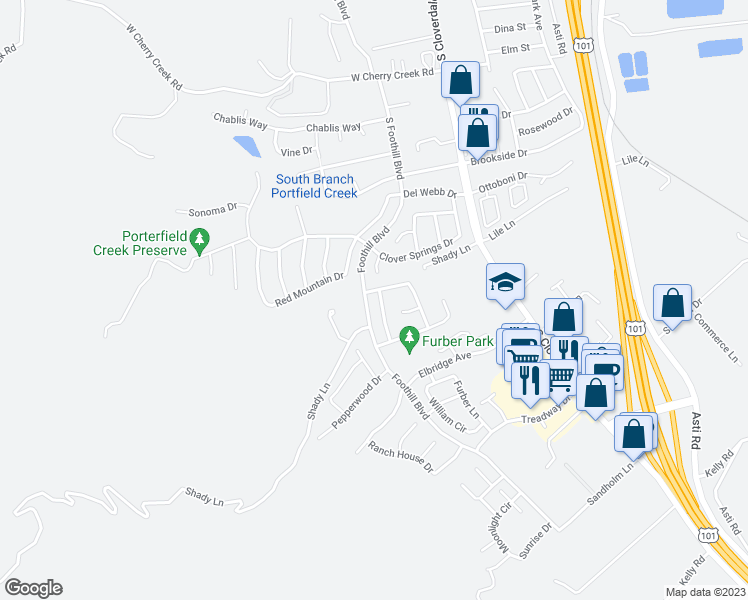 map of restaurants, bars, coffee shops, grocery stores, and more near 103 Primrose Lane in Cloverdale