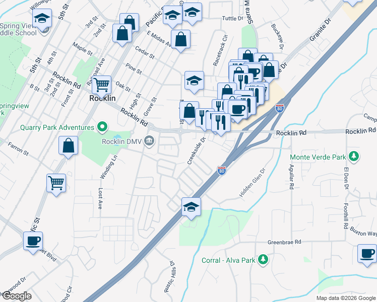 map of restaurants, bars, coffee shops, grocery stores, and more near 4240 Rocklin Road in Rocklin