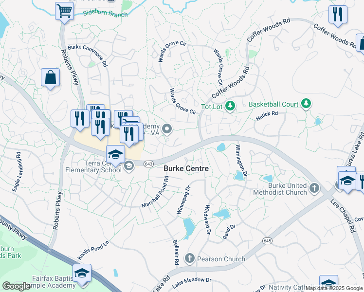 map of restaurants, bars, coffee shops, grocery stores, and more near 10117 Schoolhouse Woods Court in Burke