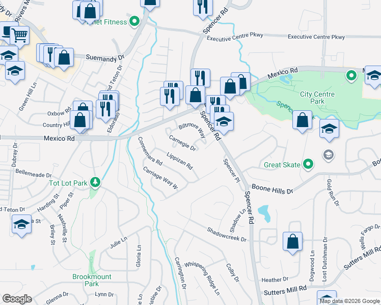 map of restaurants, bars, coffee shops, grocery stores, and more near 15 Lippizan Road in St. Peters