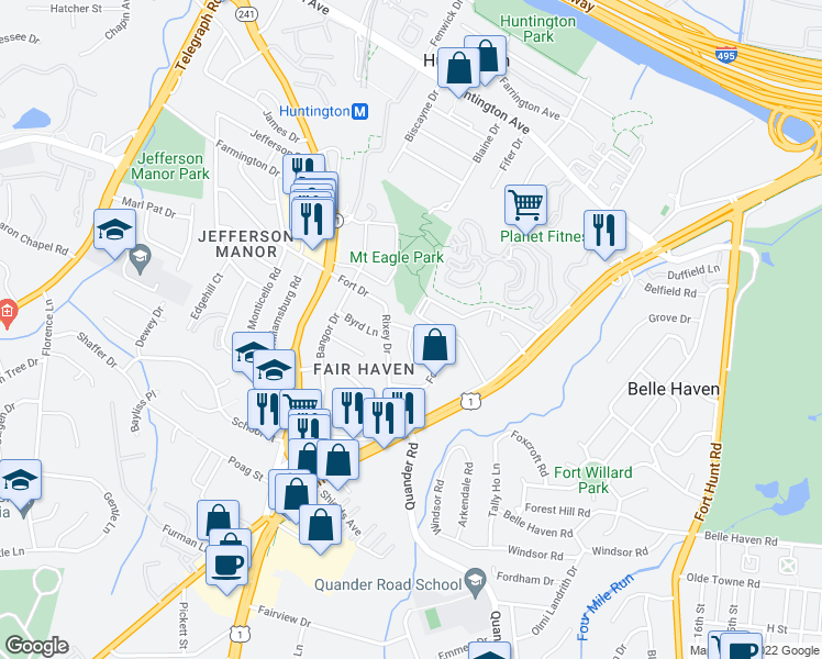 map of restaurants, bars, coffee shops, grocery stores, and more near Fort Dr & Park Pl in Huntington