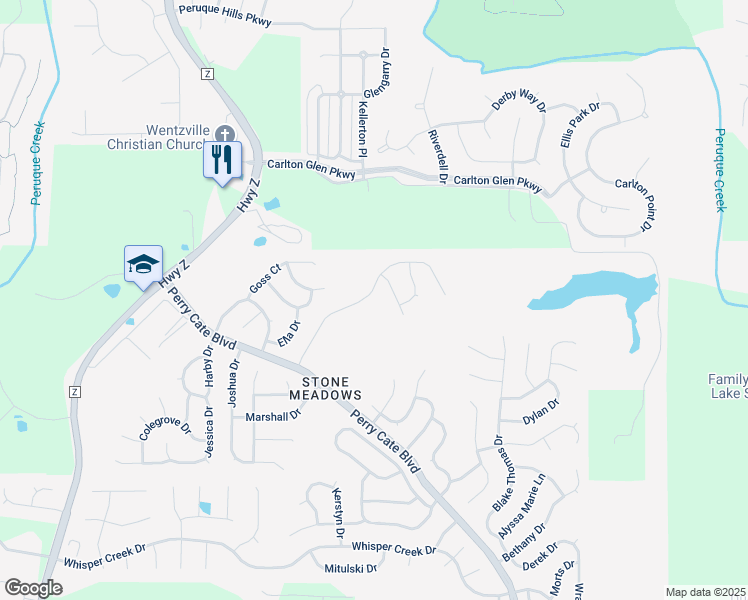 map of restaurants, bars, coffee shops, grocery stores, and more near 2076 Hannah Dr in Wentzville