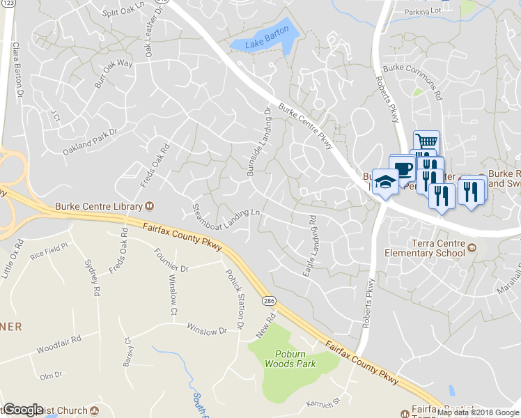 map of restaurants, bars, coffee shops, grocery stores, and more near 10300 Steamboat Landing Lane in Burke