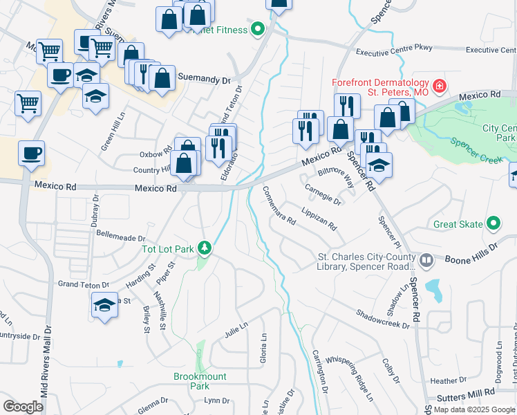 map of restaurants, bars, coffee shops, grocery stores, and more near 4 Connemara Court in St. Peters