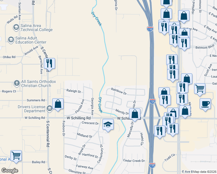 map of restaurants, bars, coffee shops, grocery stores, and more near 1003-1007 Rainbow Drive in Salina