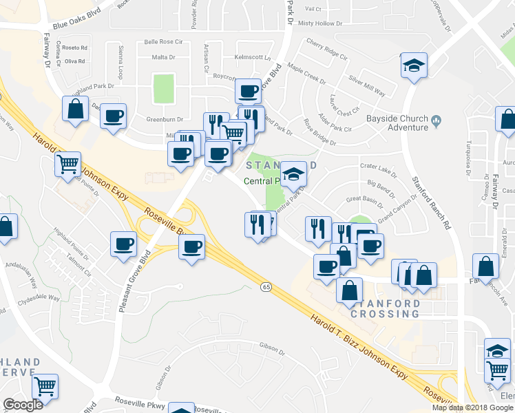 map of restaurants, bars, coffee shops, grocery stores, and more near 10182 Fairway Drive in Roseville
