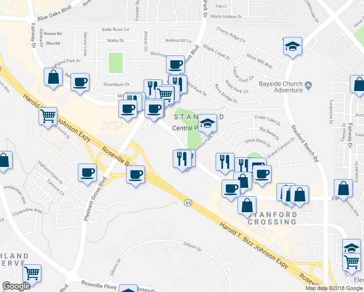 map of restaurants, bars, coffee shops, grocery stores, and more near 10168 Fairway Drive in Roseville