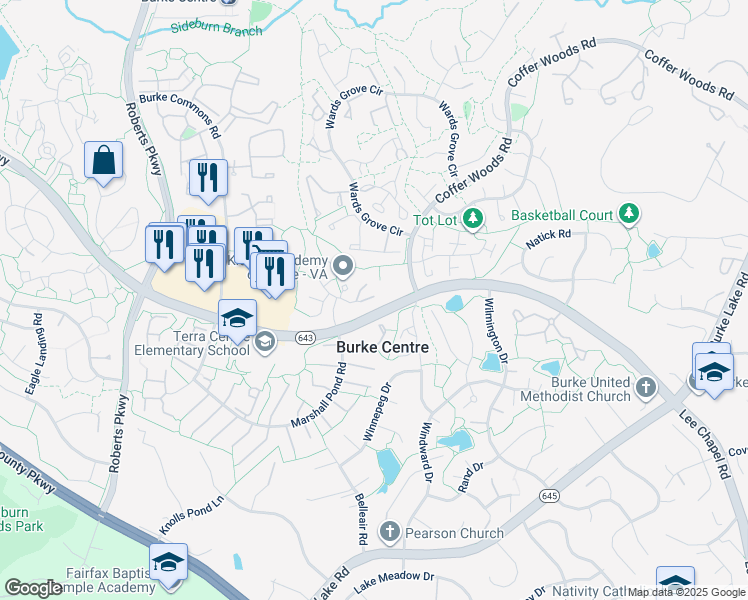 map of restaurants, bars, coffee shops, grocery stores, and more near 10117 Schoolhouse Woods Court in Burke