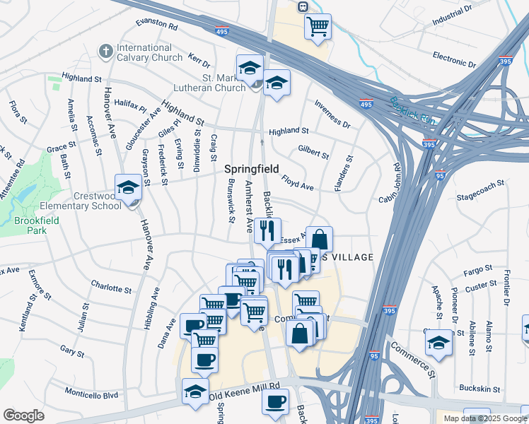 map of restaurants, bars, coffee shops, grocery stores, and more near 6016 Backlick Road in Springfield