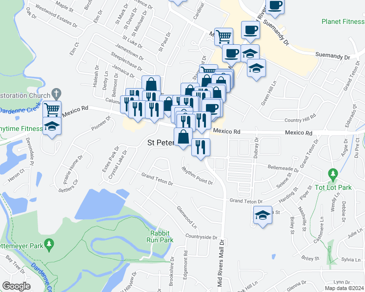 map of restaurants, bars, coffee shops, grocery stores, and more near 577 Mid Rivers Mall Drive in St. Peters