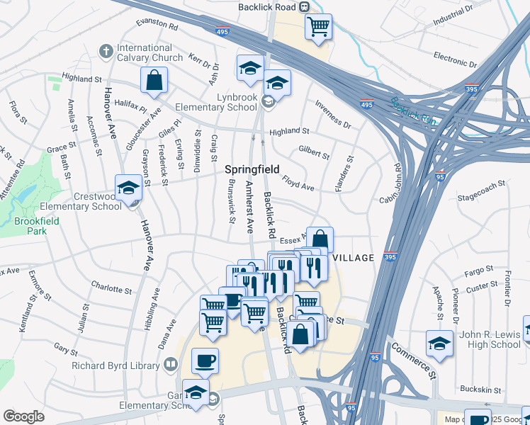 map of restaurants, bars, coffee shops, grocery stores, and more near 6016 Backlick Road in Springfield
