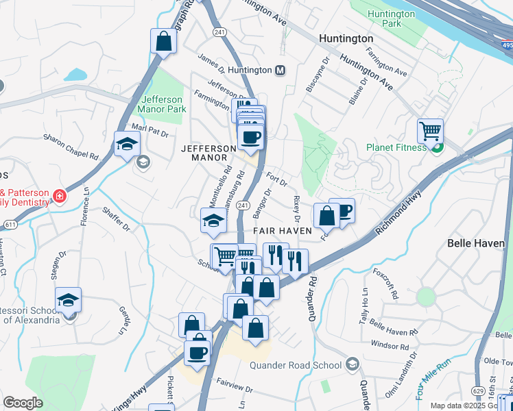 map of restaurants, bars, coffee shops, grocery stores, and more near 6006 Bangor Drive in Alexandria