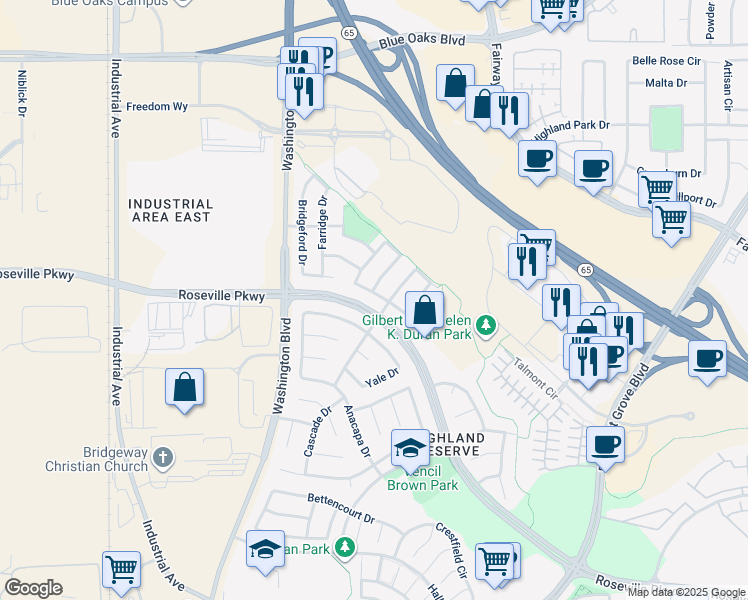map of restaurants, bars, coffee shops, grocery stores, and more near 517 Silverhorn Drive in Roseville