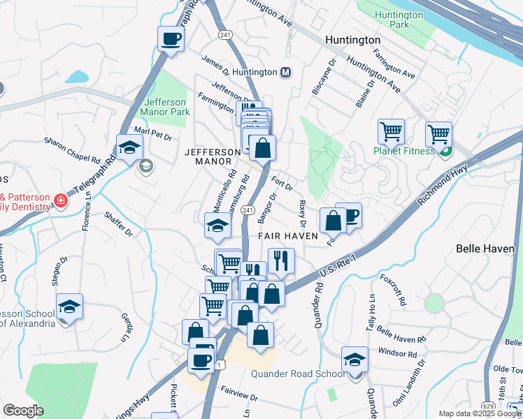 map of restaurants, bars, coffee shops, grocery stores, and more near 6006 Bangor Drive in Alexandria