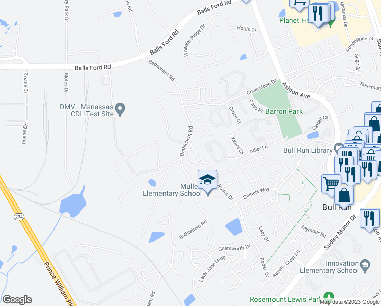 map of restaurants, bars, coffee shops, grocery stores, and more near 11318 Kessler Place in Manassas