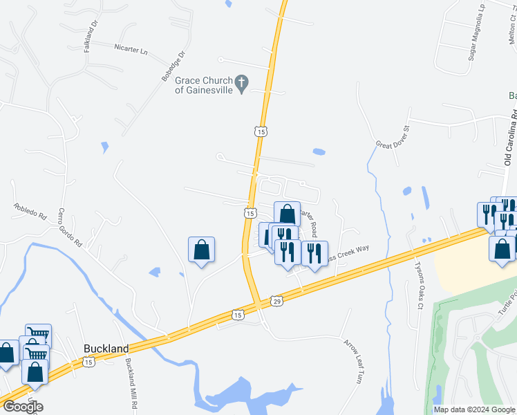 map of restaurants, bars, coffee shops, grocery stores, and more near 7801 Crescent Park Drive in Gainesville